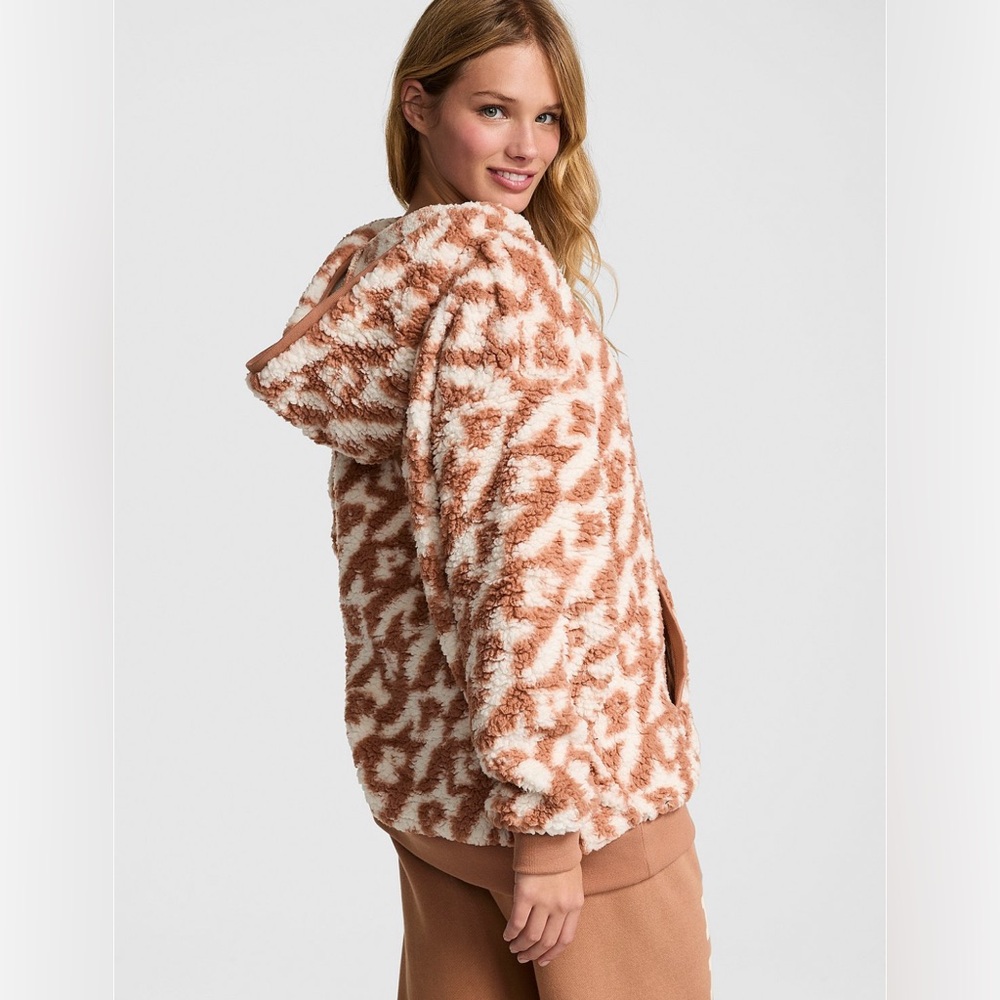 Victoria’s Secret Pink Cozy Fleece Pullover Hoodie-White Shell/Toffee Logo Sz.M - Picture 2 of 5